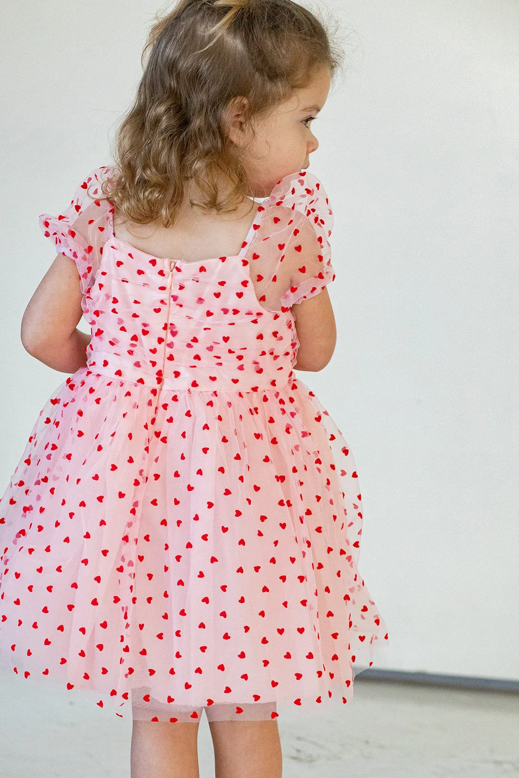 Girl's Pink Tulle and Red Hearts Puff Sleeve Dress with Ruched Chest Detail