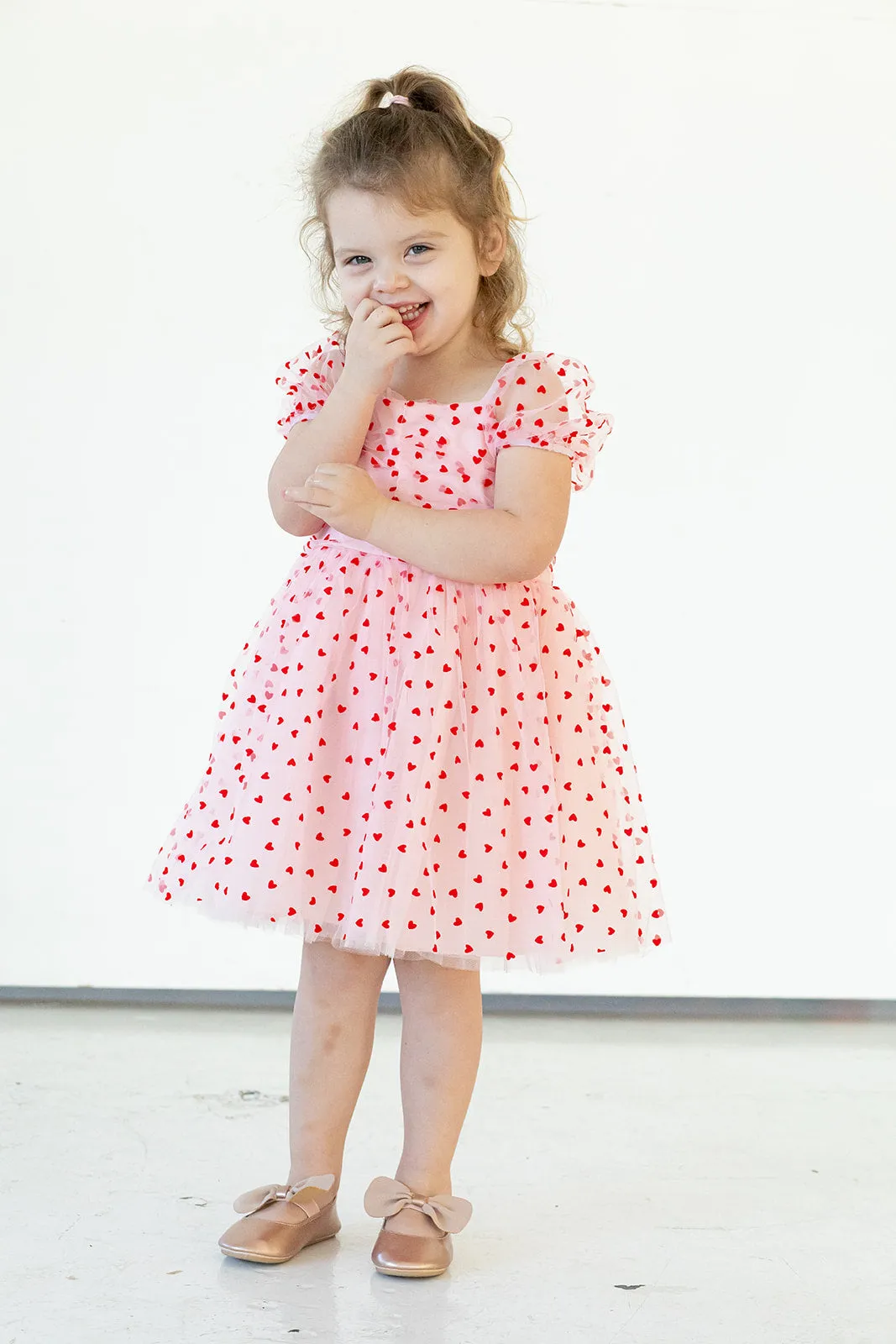 Girl's Pink Tulle and Red Hearts Puff Sleeve Dress with Ruched Chest Detail