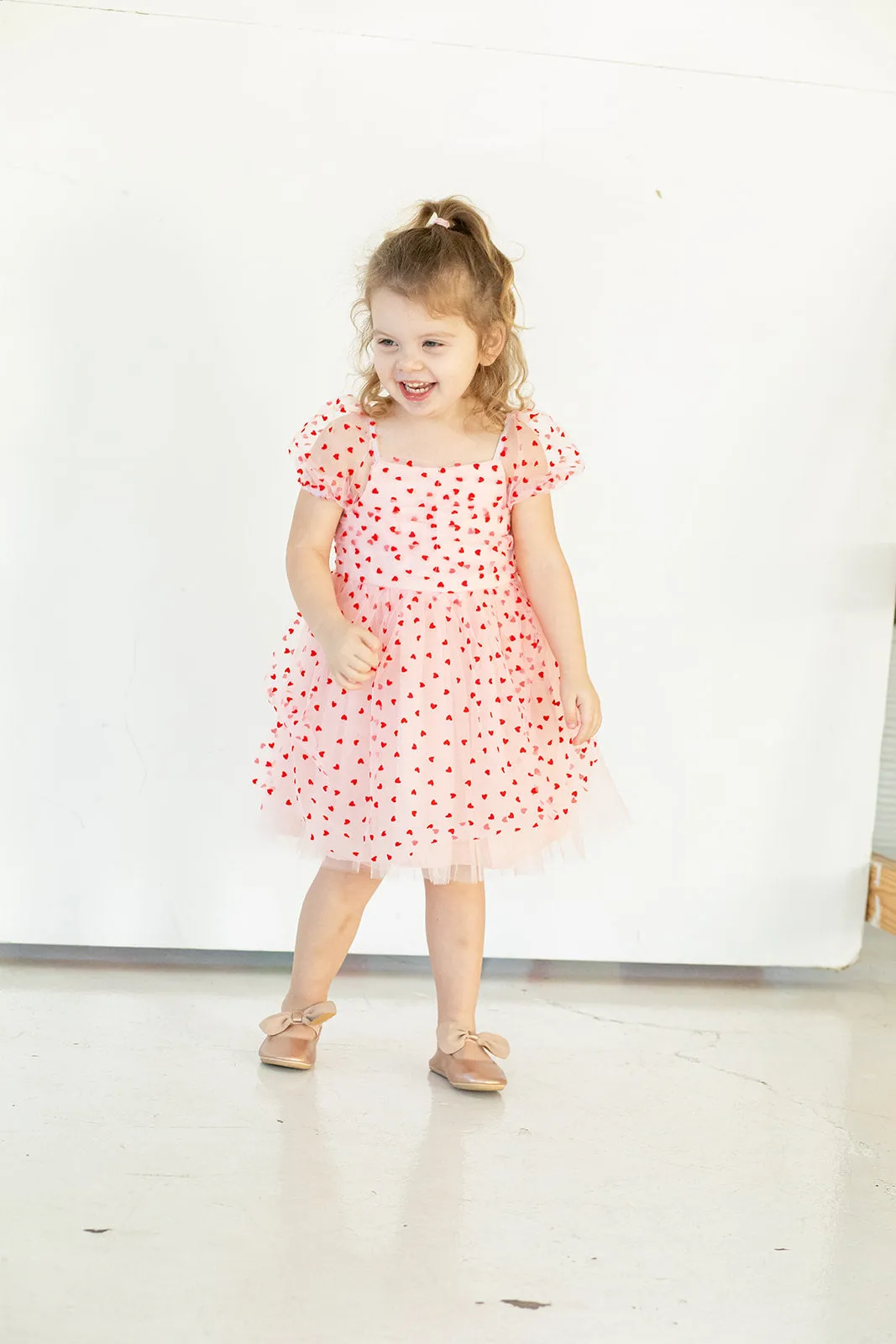 Girl's Pink Tulle and Red Hearts Puff Sleeve Dress with Ruched Chest Detail