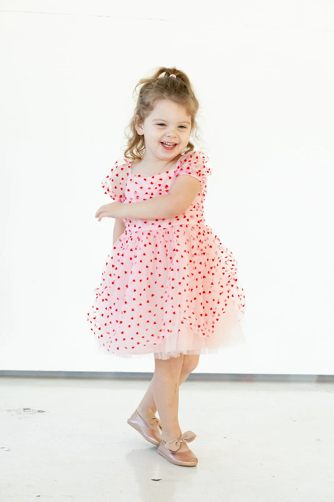 Girl's Pink Tulle and Red Hearts Puff Sleeve Dress with Ruched Chest Detail