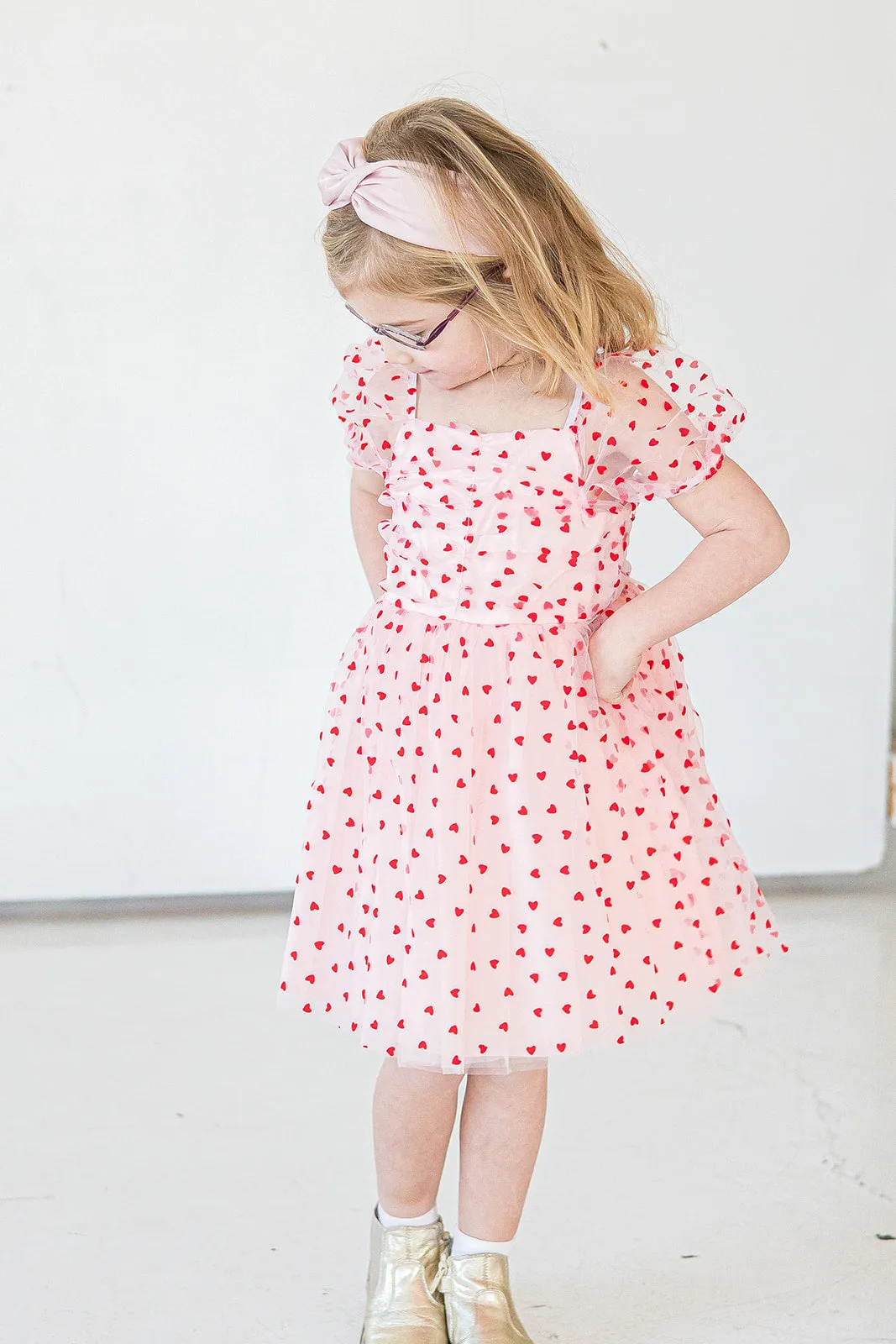 Girl's Pink Tulle and Red Hearts Puff Sleeve Dress with Ruched Chest Detail