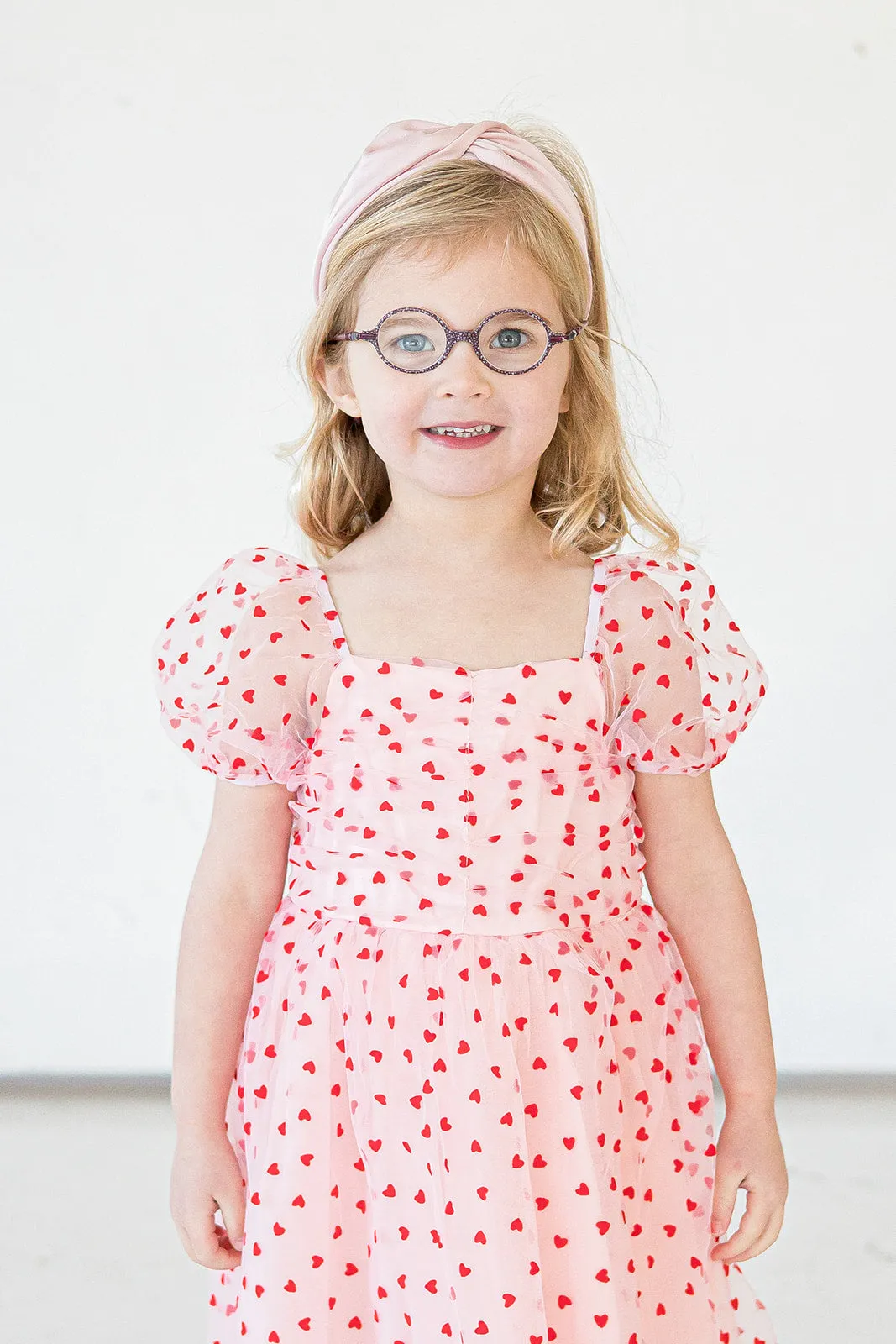 Girl's Pink Tulle and Red Hearts Puff Sleeve Dress with Ruched Chest Detail