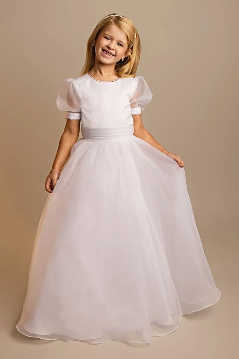 Girls' White Puff Sleeve Communion Dress with Tulle Skirt & Bow - Maryam - White