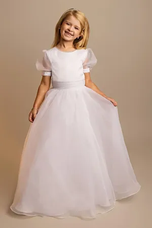 Girls' White Puff Sleeve Communion Dress with Tulle Skirt & Bow - Maryam - White