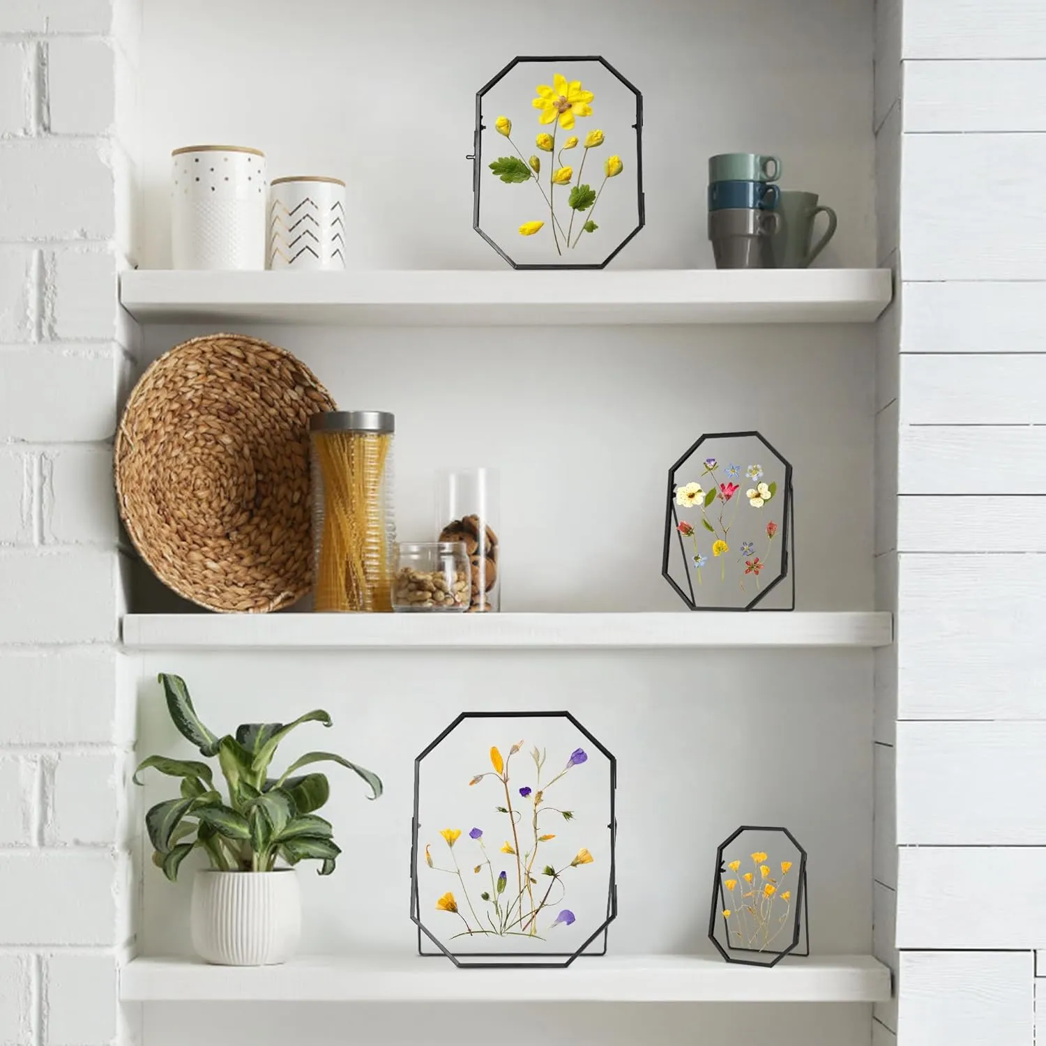 Glass Pressed Flower Frame Handmade, Metal Floating Picture Frame, Double Glass for Tabletop Display, Unique Brass Octagon, Black, 8x10 Inches (FRAME ONLY)