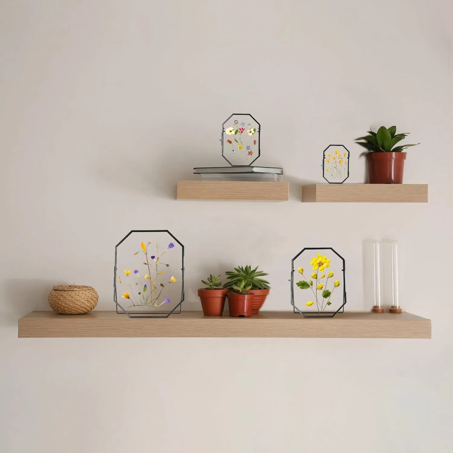 Glass Pressed Flower Frame Handmade, Metal Floating Picture Frame, Double Glass for Tabletop Display, Unique Brass Octagon, Black, 8x10 Inches (FRAME ONLY)
