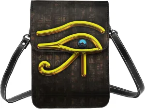 Golden Egyptian Eye Of Horus Hieroglyphics Small Cross Body Bags For Women, Leather Cell Phone Purse With Adjustable Strap