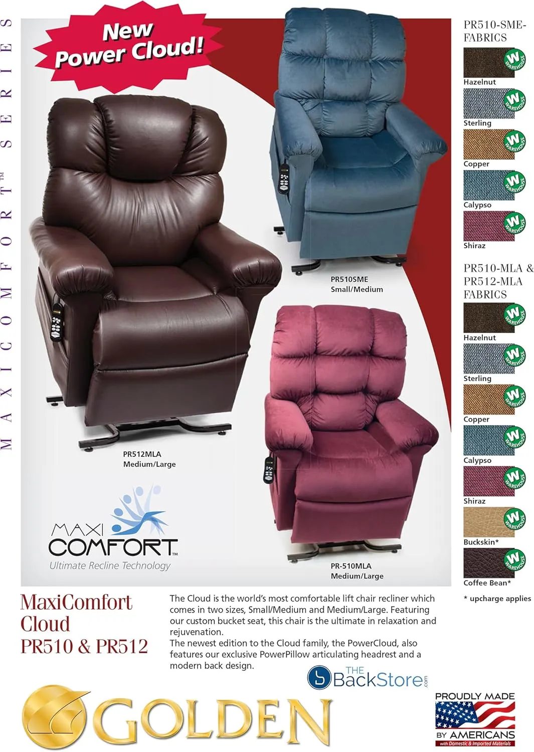 Golden Technologies Cloud PR510 SME Small/Medium Dual Motor Infinite Position Lift Chair Zero Gravity Recliner - Hazelnut Fabric