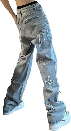 Gothic Men's Crossbody Patch Distressed Harajuku Jeans