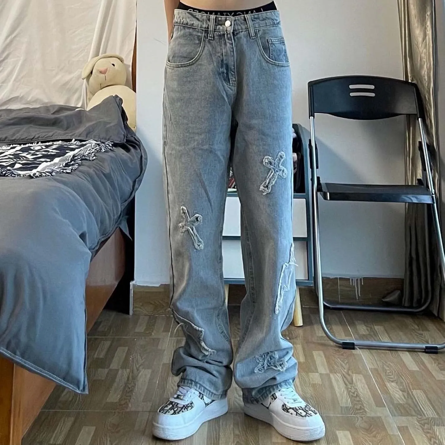 Gothic Men's Crossbody Patch Distressed Harajuku Jeans