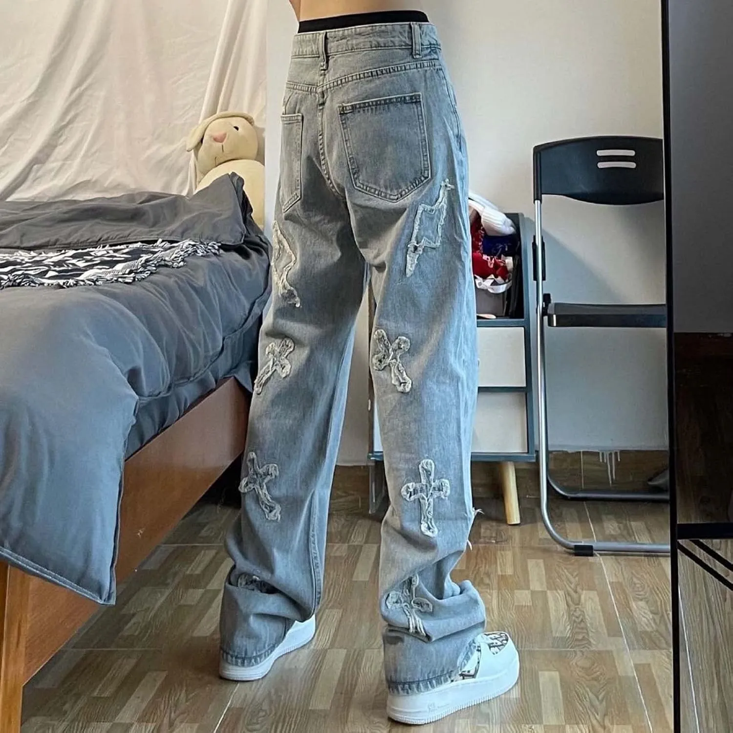 Gothic Men's Crossbody Patch Distressed Harajuku Jeans