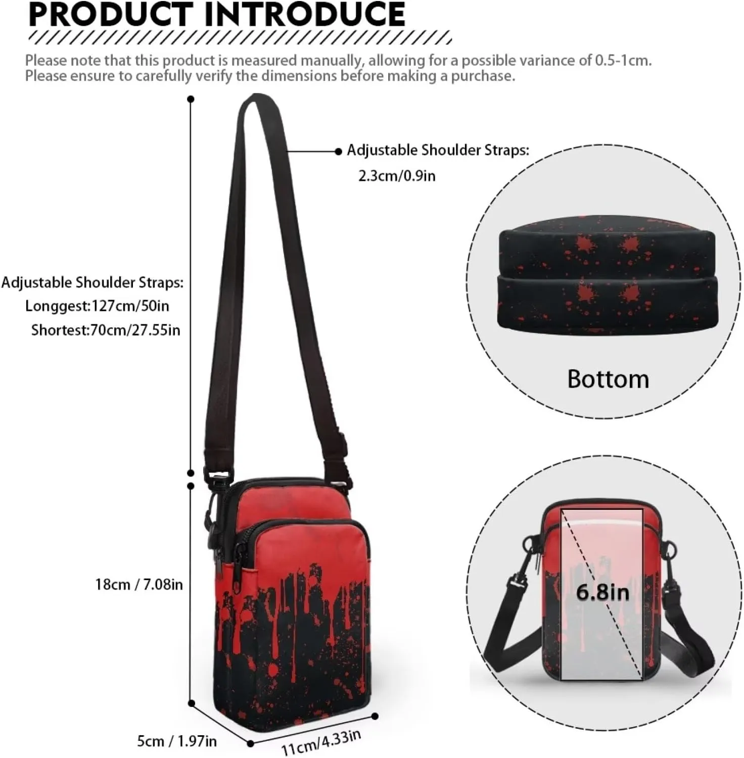 Gothic Small Crossbody Bag for Women Lightweight Cell Phone Purse, Bloody Rose Shoulder Wallet with Zipper Pocket