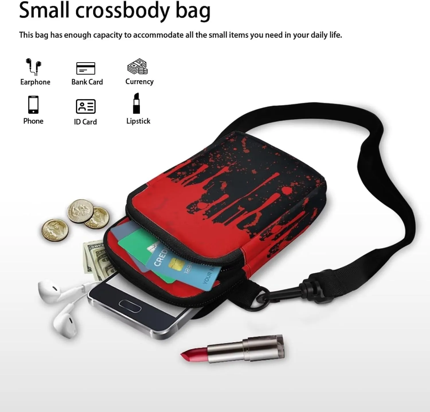 Gothic Small Crossbody Bag for Women Lightweight Cell Phone Purse, Bloody Rose Shoulder Wallet with Zipper Pocket