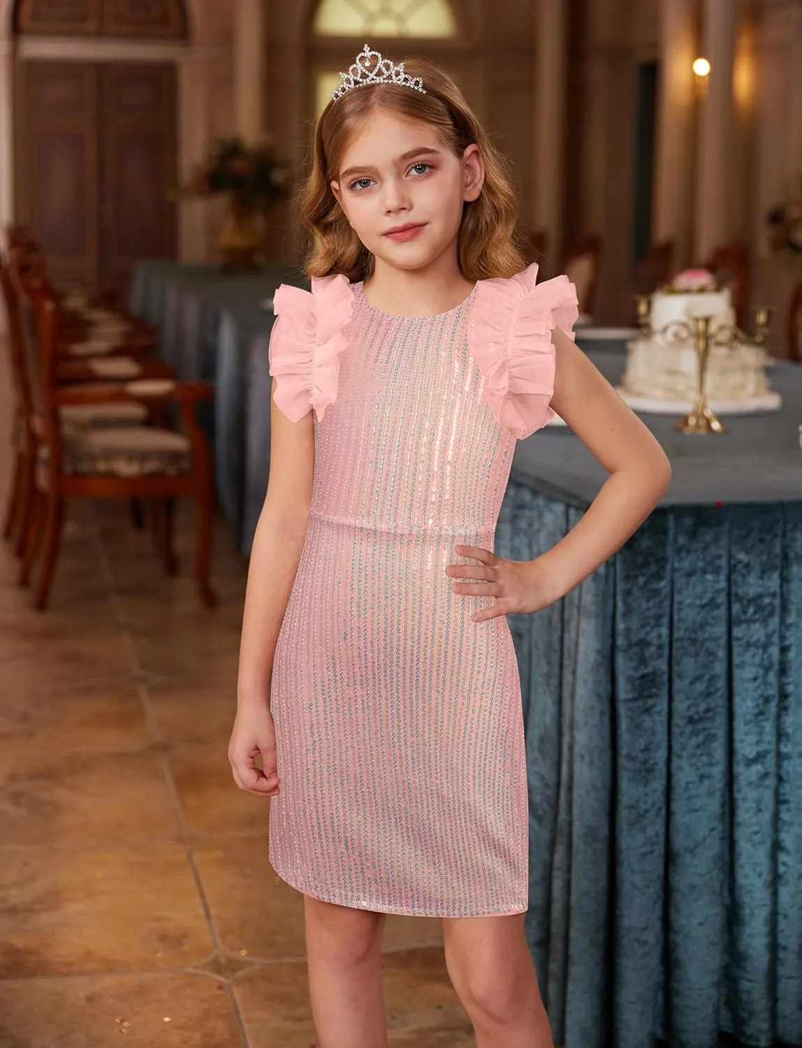 GRACE KARIN Girls Sequin Dress Formal Pageant Sparkle Party Ruffle Prom Maxi Dress Size 5-14Y