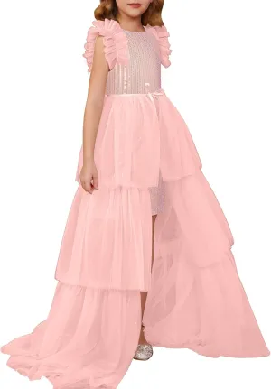 GRACE KARIN Girls Sequin Dress Formal Pageant Sparkle Party Ruffle Prom Maxi Dress Size 5-14Y