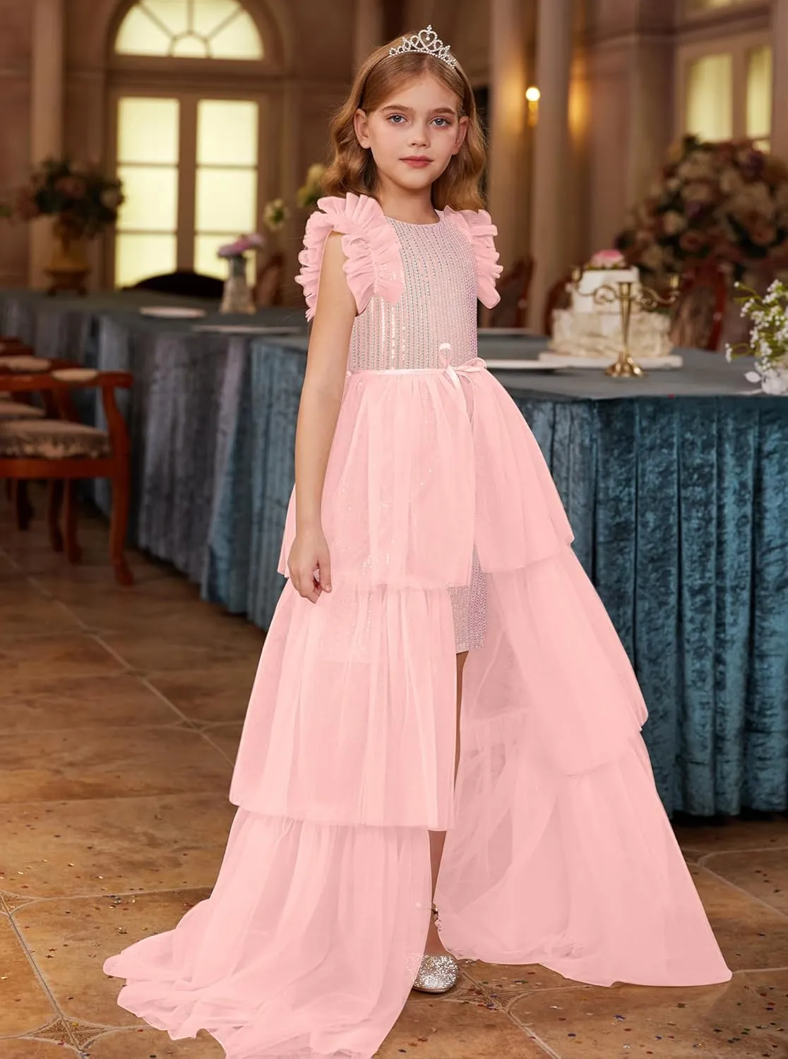 GRACE KARIN Girls Sequin Dress Formal Pageant Sparkle Party Ruffle Prom Maxi Dress Size 5-14Y