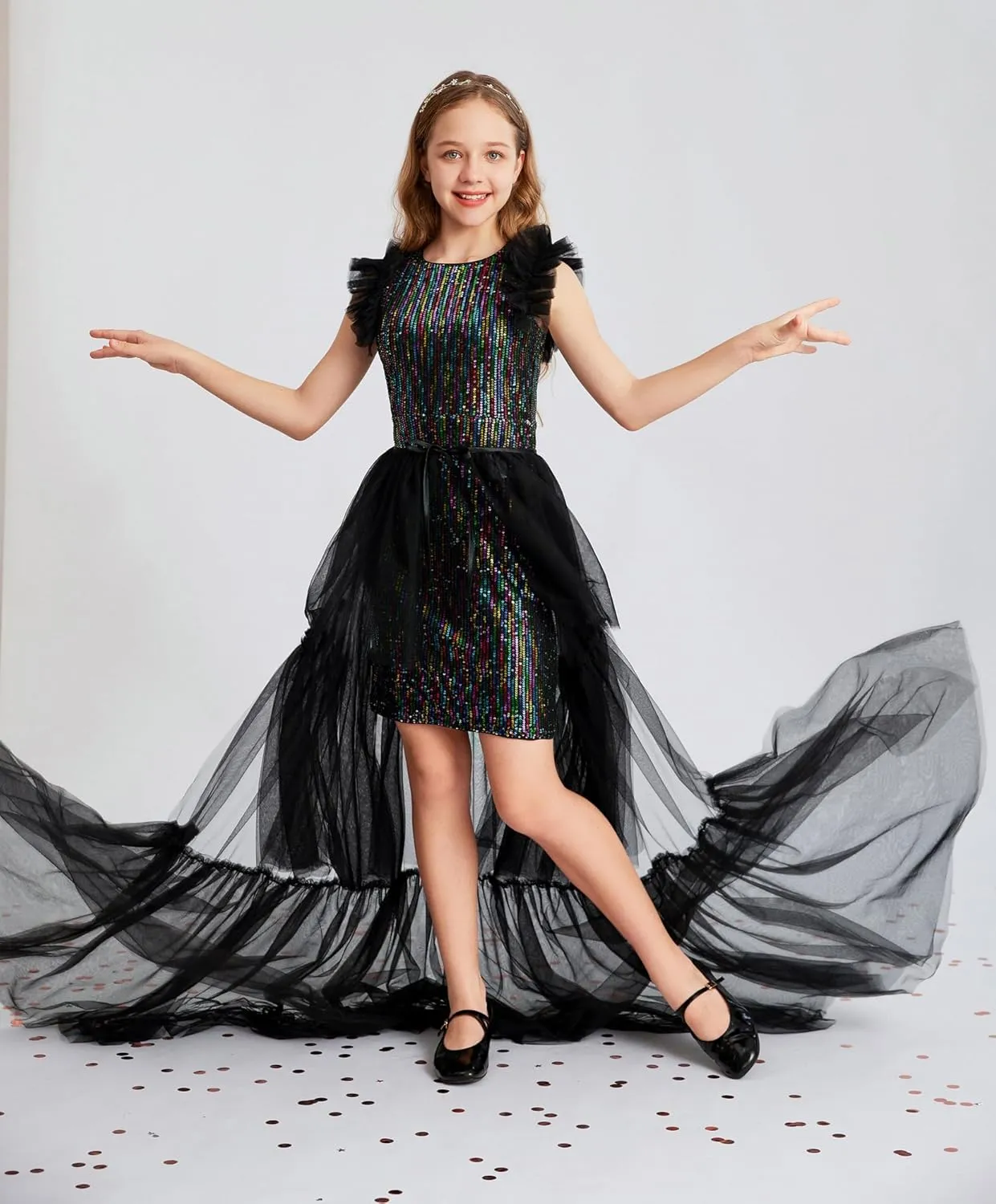 GRACE KARIN Girls Sequin Dress Formal Pageant Sparkle Party Ruffle Prom Maxi Dress Size 5-14Y