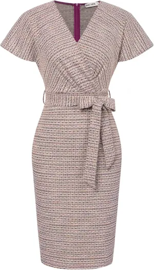 GRACE KARIN Women's Tweed Work Pencil Dress Stretchy Business Office Bodycon Midi Dresses Short Sleeve