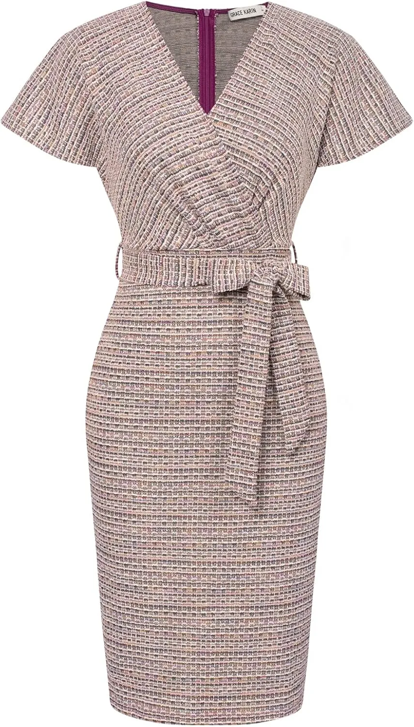 GRACE KARIN Women's Tweed Work Pencil Dress Stretchy Business Office Bodycon Midi Dresses Short Sleeve