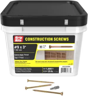 Grip-Rite 3GCS25BK, #9 x 3 Gold Construction Screws T25, 25 lb Bucket, High-Performance