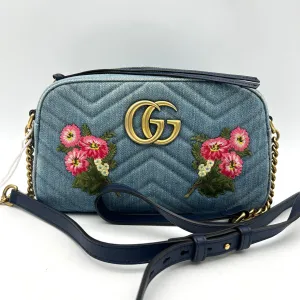 Gucci Floral GG Marmont Denim Camera Bag - Blue Crossbody Bags, Handbags LA24878