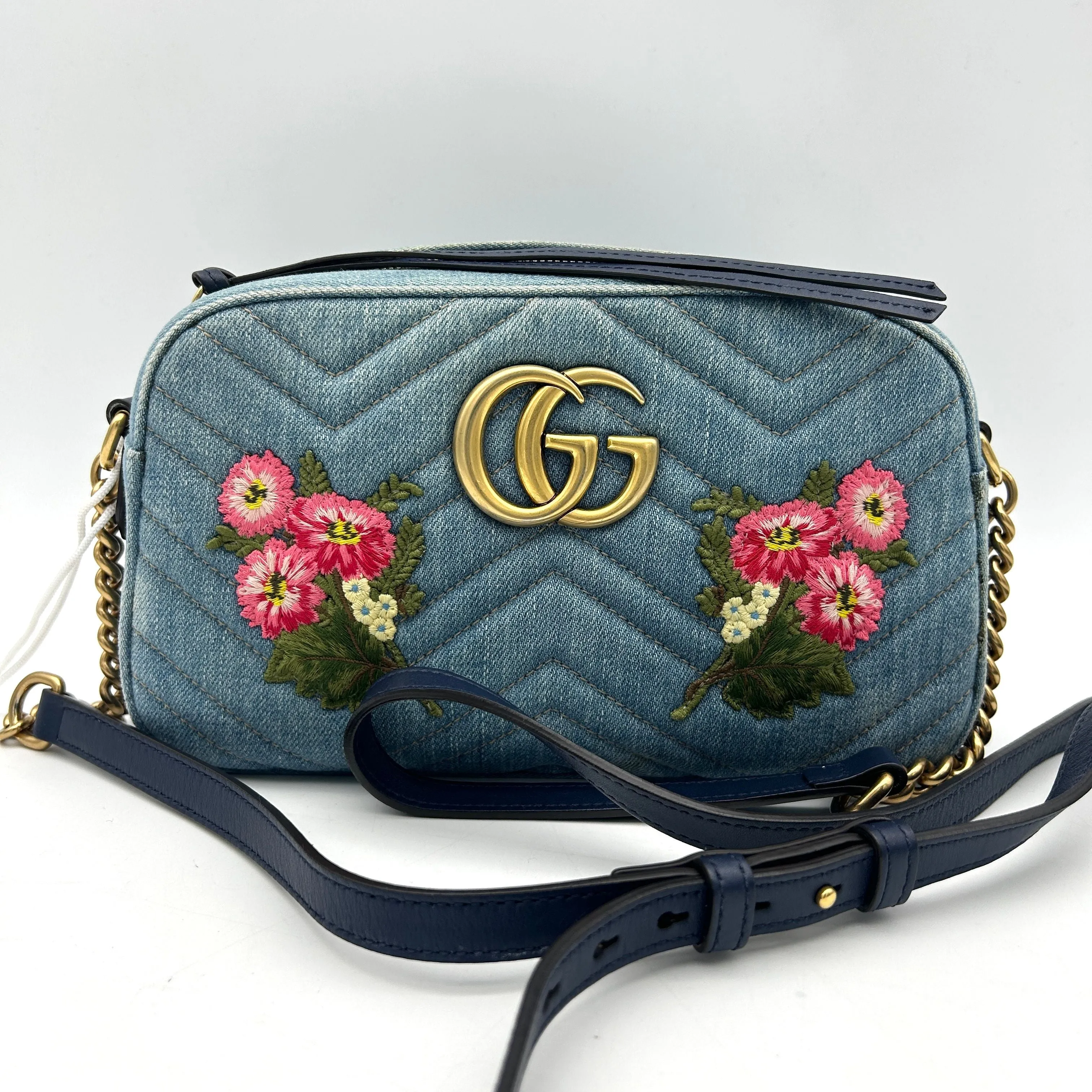 Gucci Floral GG Marmont Denim Camera Bag - Blue Crossbody Bags, Handbags LA24878