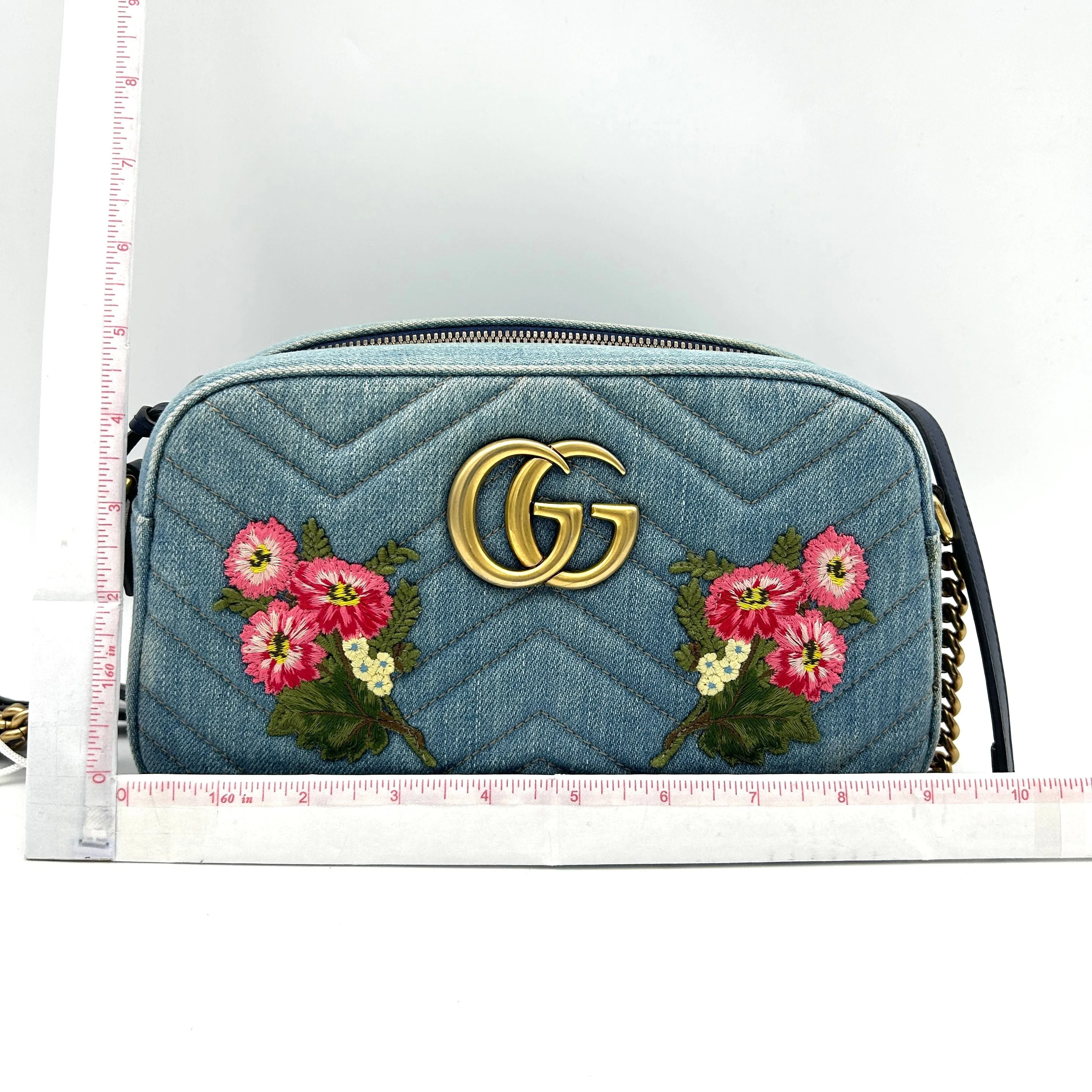 Gucci Floral GG Marmont Denim Camera Bag - Blue Crossbody Bags, Handbags LA24878