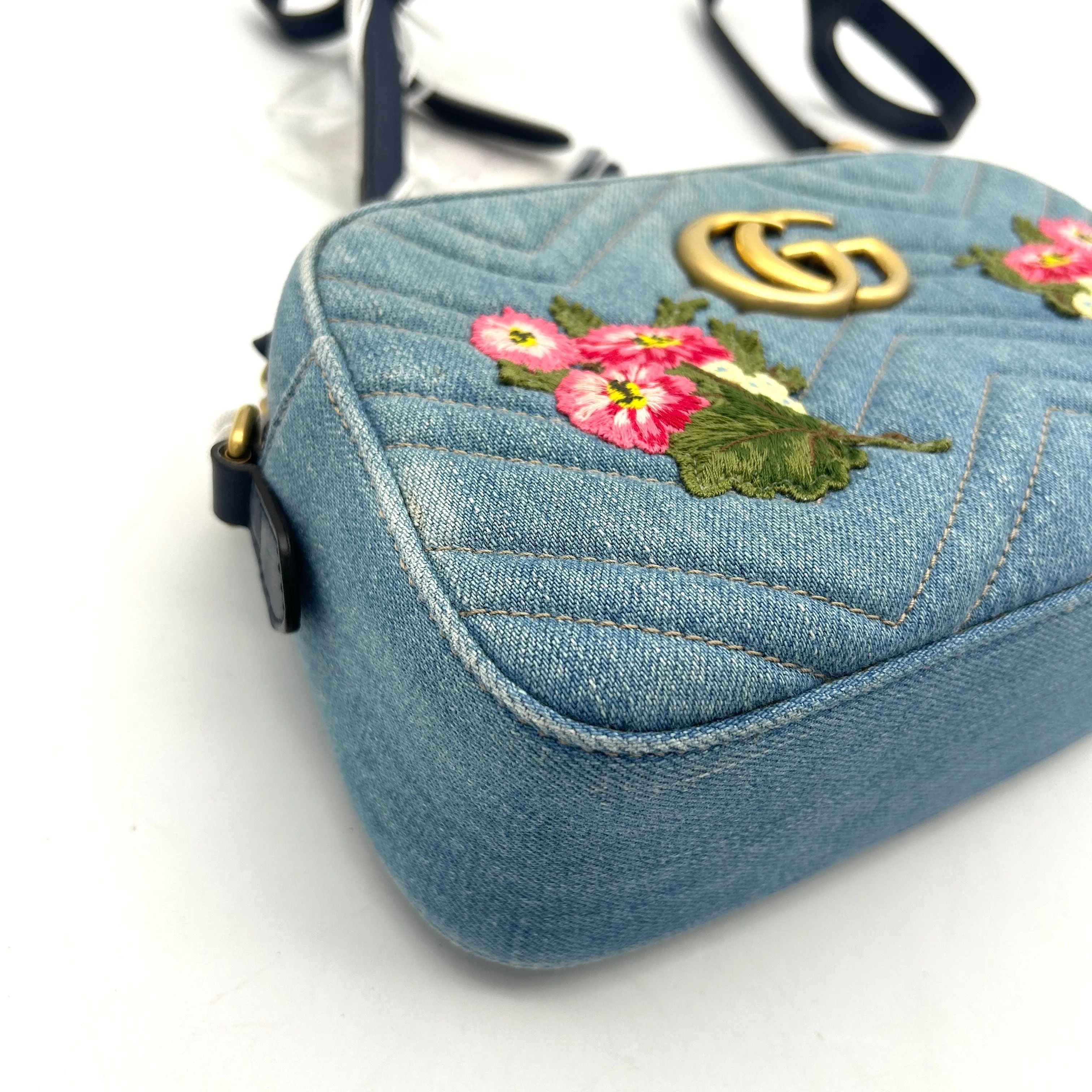 Gucci Floral GG Marmont Denim Camera Bag - Blue Crossbody Bags, Handbags LA24878