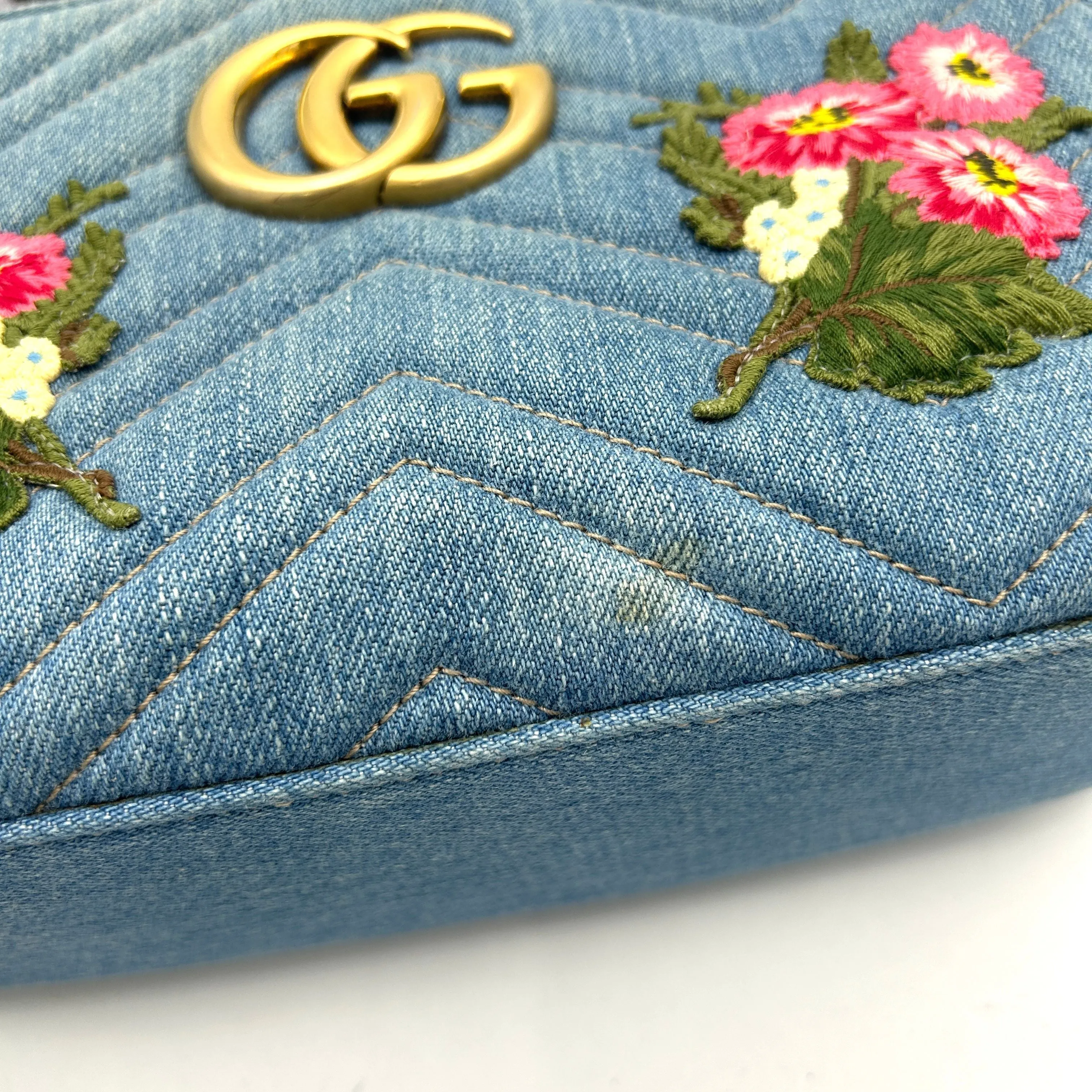 Gucci Floral GG Marmont Denim Camera Bag - Blue Crossbody Bags, Handbags LA24878