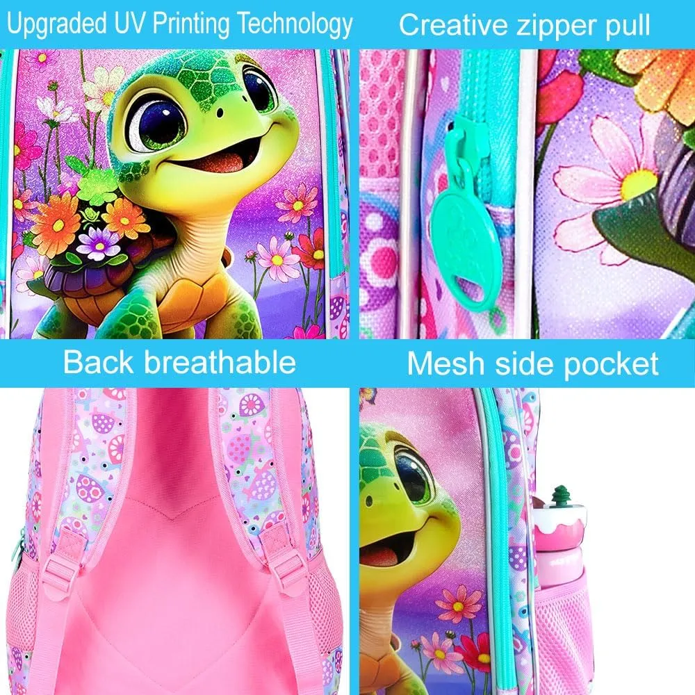 gxtvo 3PCS Girls Turtle Backpack, 16" Kids Bookbag with Lunch Box, Water Resistant Elementary School Bag for Preschool Toddler