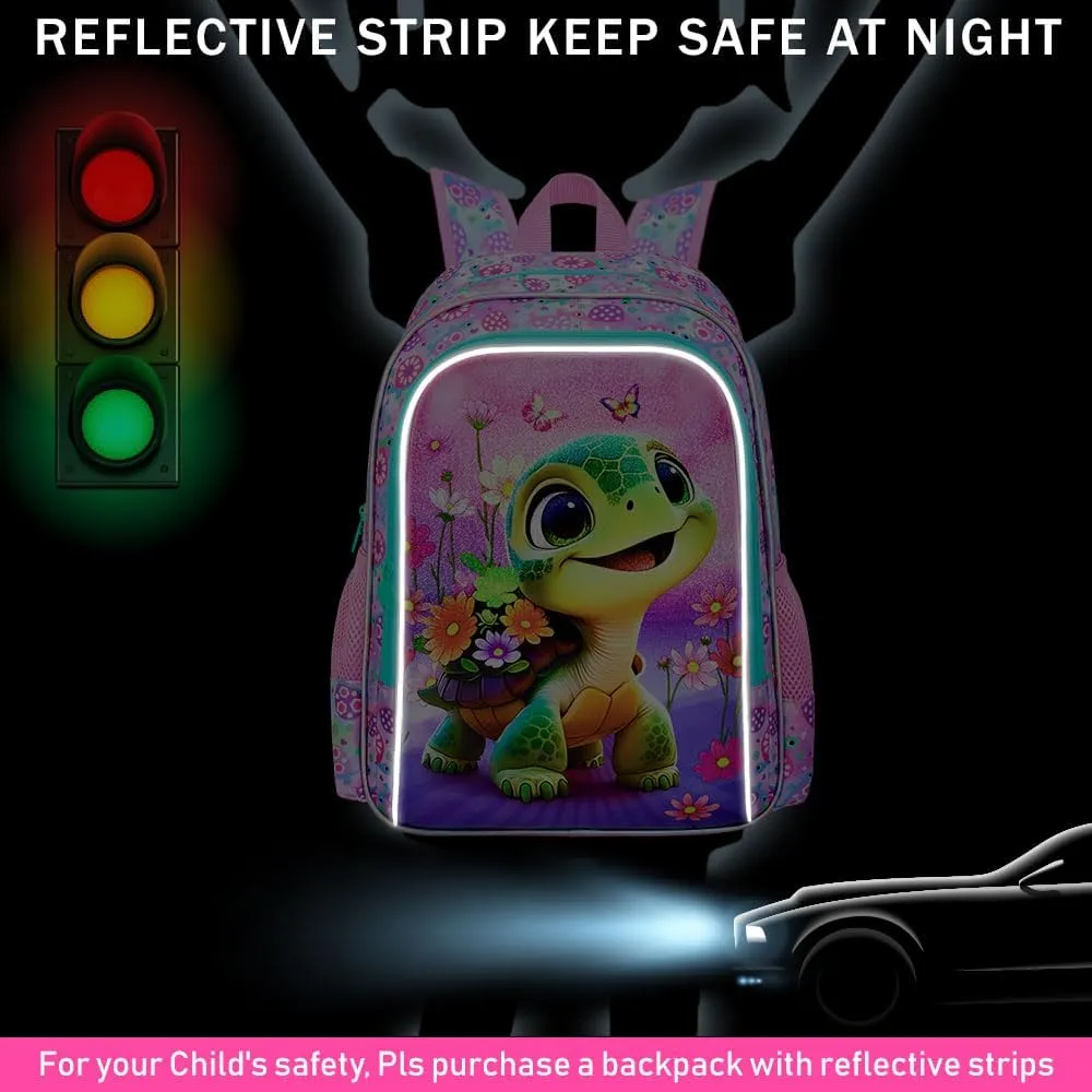 gxtvo 3PCS Girls Turtle Backpack, 16" Kids Bookbag with Lunch Box, Water Resistant Elementary School Bag for Preschool Toddler