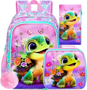 gxtvo 3PCS Girls Turtle Backpack, 16" Kids Bookbag with Lunch Box, Water Resistant Elementary School Bag for Preschool Toddler