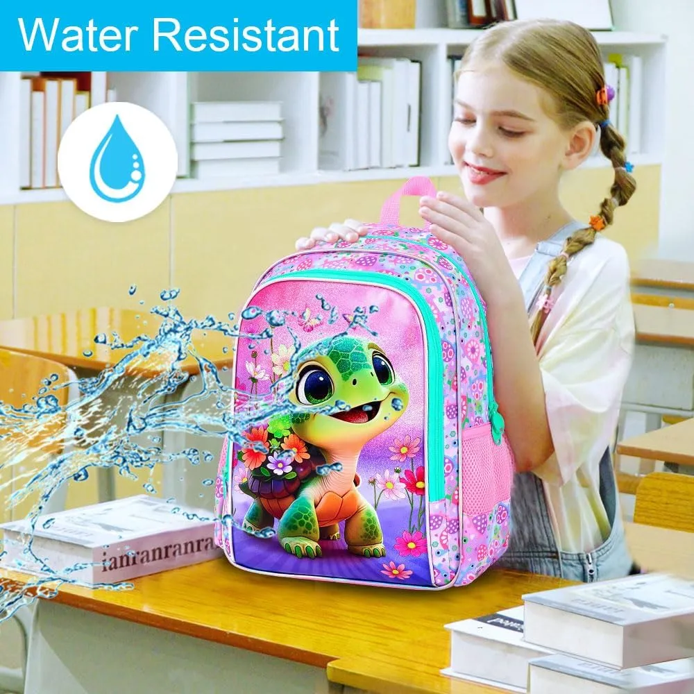 gxtvo 3PCS Girls Turtle Backpack, 16" Kids Bookbag with Lunch Box, Water Resistant Elementary School Bag for Preschool Toddler