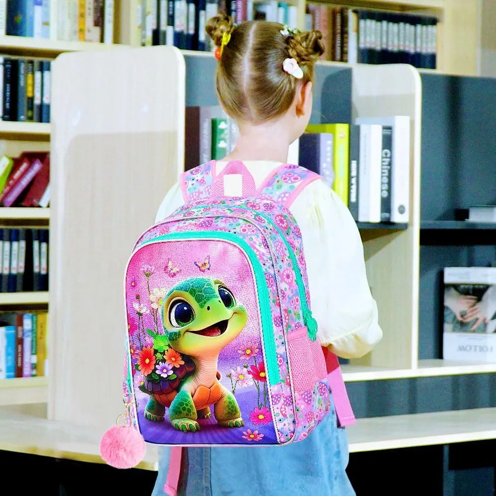 gxtvo 3PCS Girls Turtle Backpack, 16" Kids Bookbag with Lunch Box, Water Resistant Elementary School Bag for Preschool Toddler