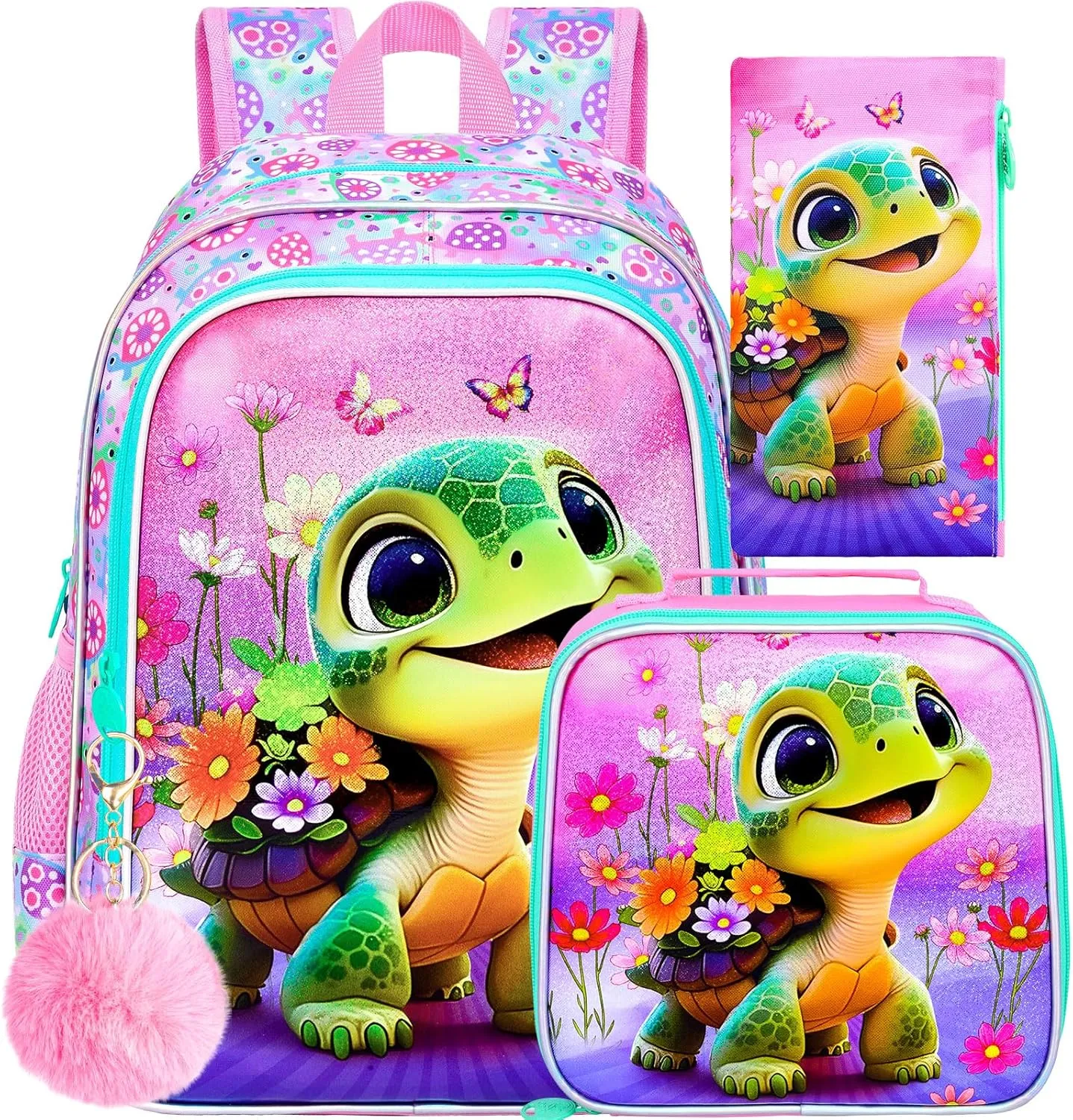 gxtvo 3PCS Girls Turtle Backpack, 16" Kids Bookbag with Lunch Box, Water Resistant Elementary School Bag for Preschool Toddler