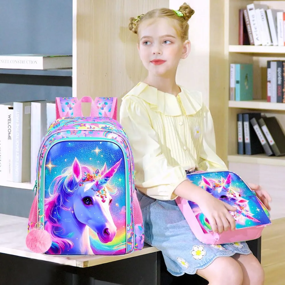 gxtvo 3PCS Girls Unicorn Backpack, 16" Kids Bookbag with Lunch Box, Water Resistant Elementary School Bag for Preschool Toddler