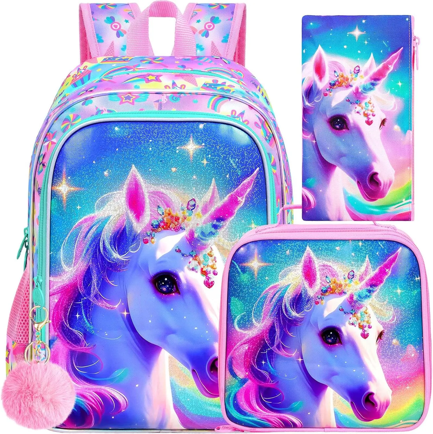 gxtvo 3PCS Girls Unicorn Backpack, 16" Kids Bookbag with Lunch Box, Water Resistant Elementary School Bag for Preschool Toddler