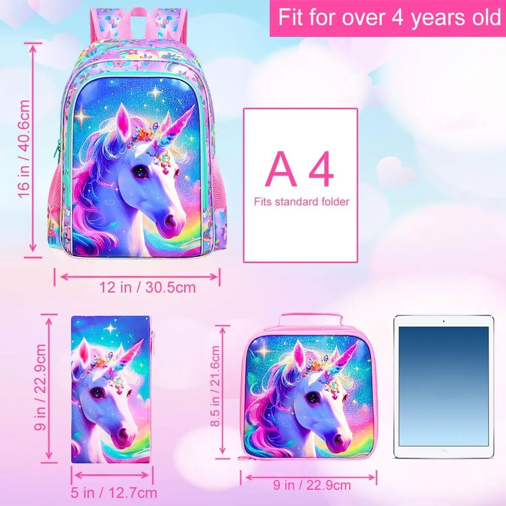 gxtvo 3PCS Girls Unicorn Backpack, 16" Kids Bookbag with Lunch Box, Water Resistant Elementary School Bag for Preschool Toddler