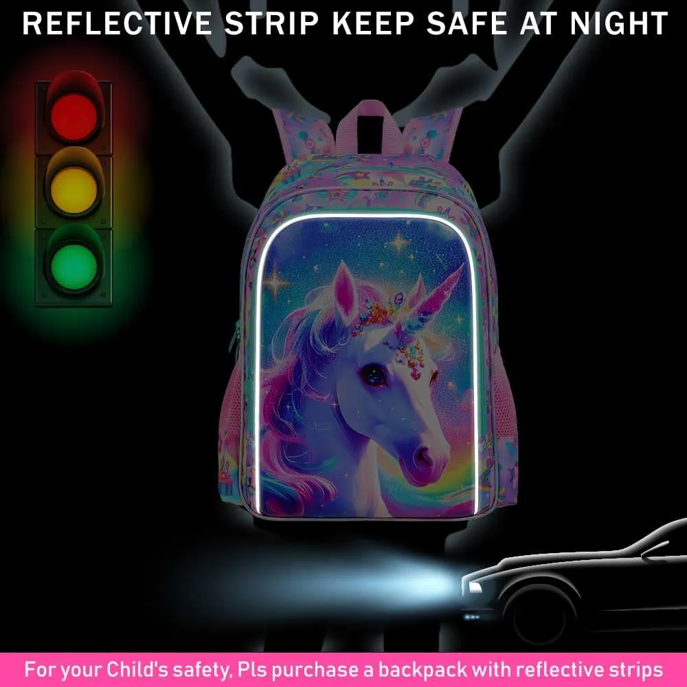 gxtvo 3PCS Girls Unicorn Backpack, 16" Kids Bookbag with Lunch Box, Water Resistant Elementary School Bag for Preschool Toddler