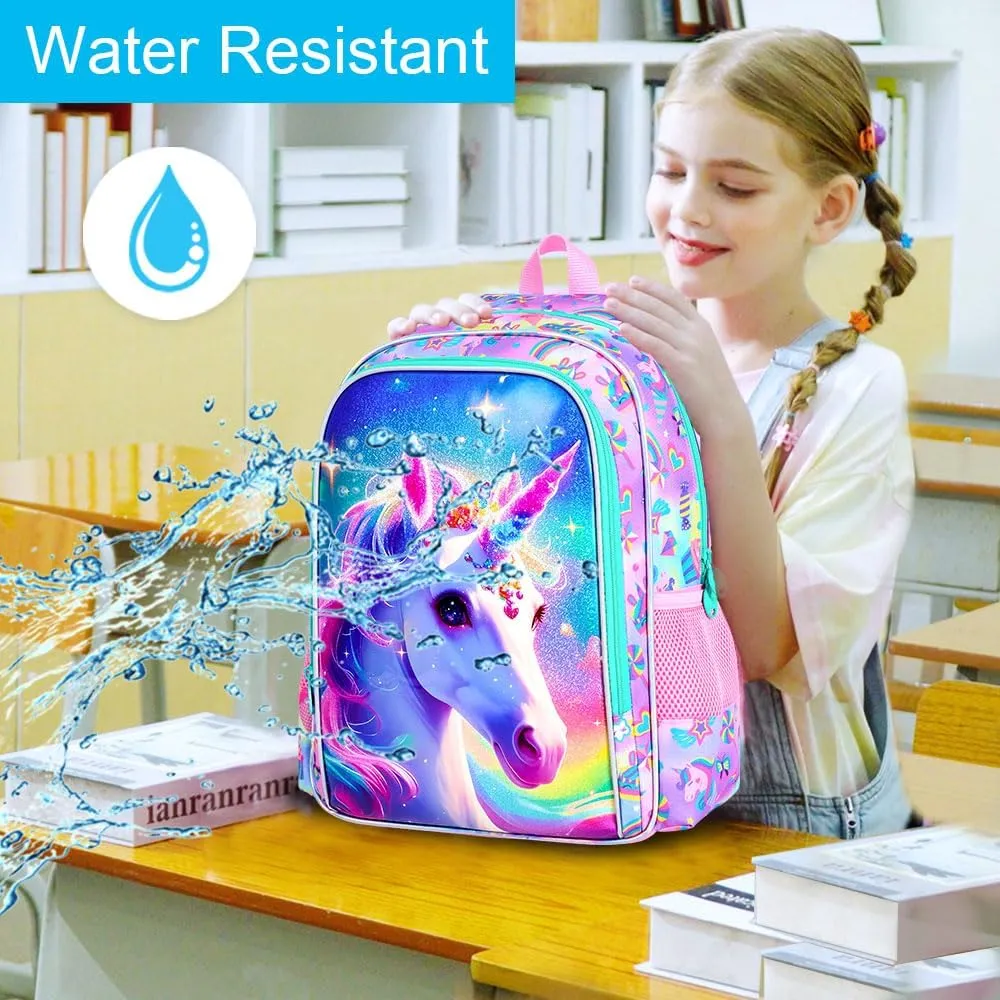 gxtvo 3PCS Girls Unicorn Backpack, 16" Kids Bookbag with Lunch Box, Water Resistant Elementary School Bag for Preschool Toddler