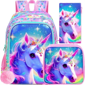 gxtvo 3PCS Girls Unicorn Backpack, 16" Kids Bookbag with Lunch Box, Water Resistant Elementary School Bag for Preschool Toddler