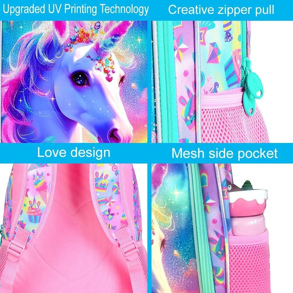 gxtvo 3PCS Girls Unicorn Backpack, 16" Kids Bookbag with Lunch Box, Water Resistant Elementary School Bag for Preschool Toddler