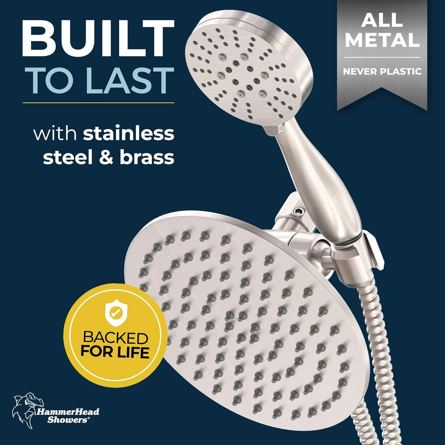 HammerHead Showers® ALL METAL Dual Shower Head Combo – BRUSHED NICKEL – 8 Inch Rainfall High Flow Shower Head & 3-Flow Handheld Shower Head High Pressure with Hose 6ft - Luxury Double Shower Heads