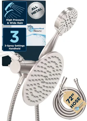 HammerHead Showers® ALL METAL Dual Shower Head Combo – BRUSHED NICKEL – 8 Inch Rainfall High Flow Shower Head & 3-Flow Handheld Shower Head High Pressure with Hose 6ft - Luxury Double Shower Heads