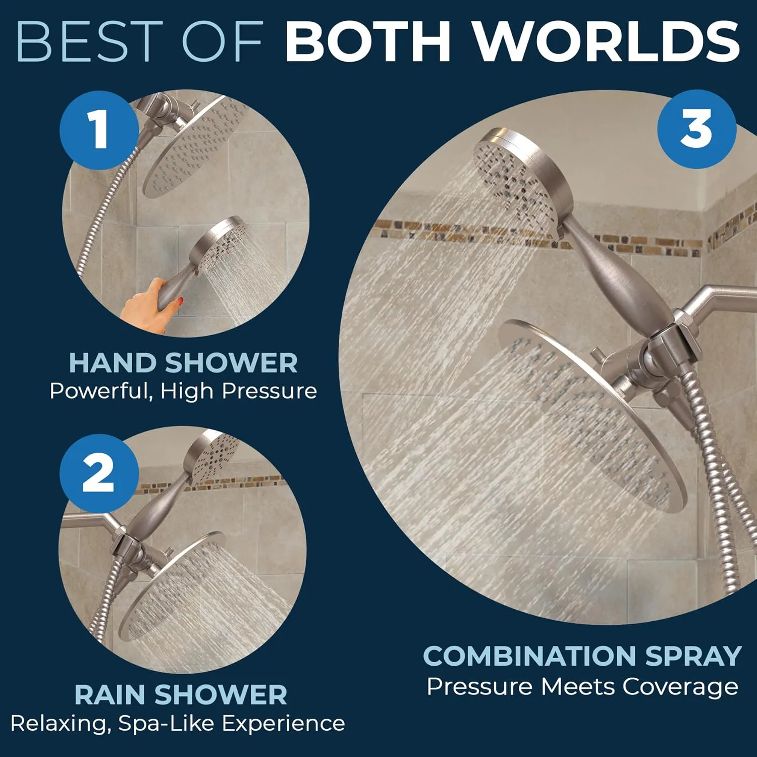 HammerHead Showers® ALL METAL Dual Shower Head Combo – BRUSHED NICKEL – 8 Inch Rainfall High Flow Shower Head & 3-Flow Handheld Shower Head High Pressure with Hose 6ft - Luxury Double Shower Heads