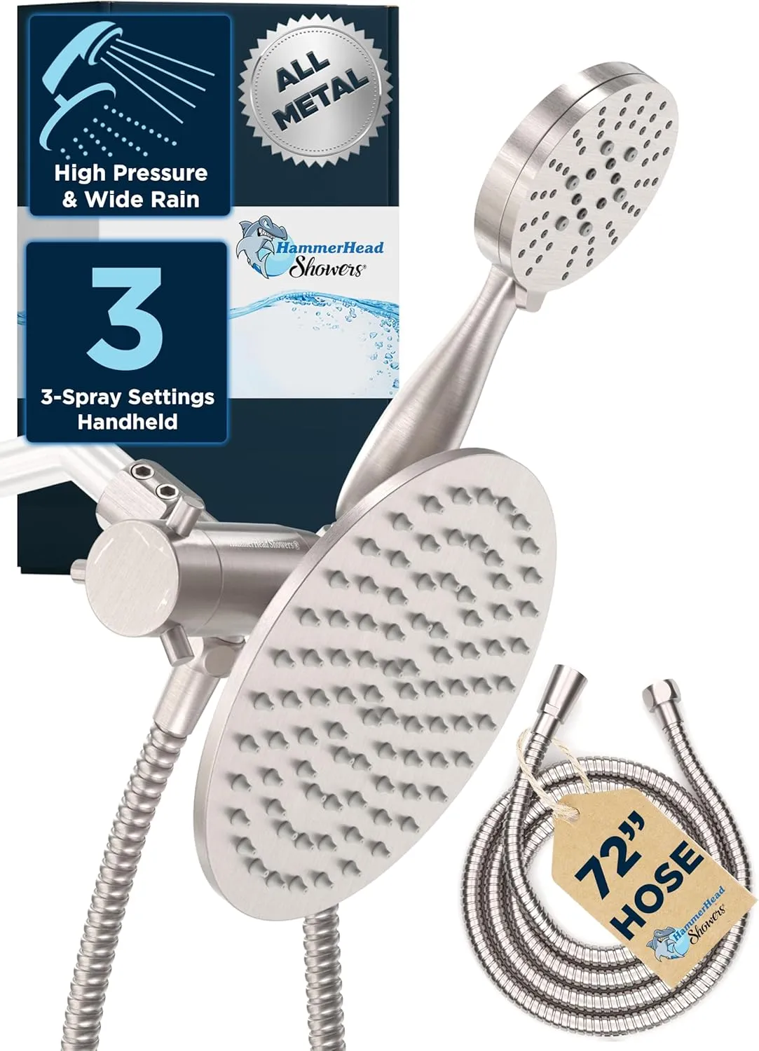 HammerHead Showers® ALL METAL Dual Shower Head Combo – BRUSHED NICKEL – 8 Inch Rainfall High Flow Shower Head & 3-Flow Handheld Shower Head High Pressure with Hose 6ft - Luxury Double Shower Heads