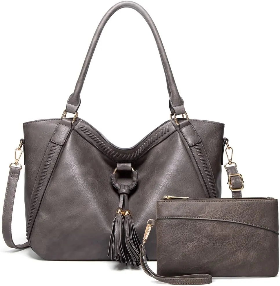 Handbag Fringed Braided Rope Tote Bag Shoulder Bag Tote 2 Pcs Set with Long Strap-Gray