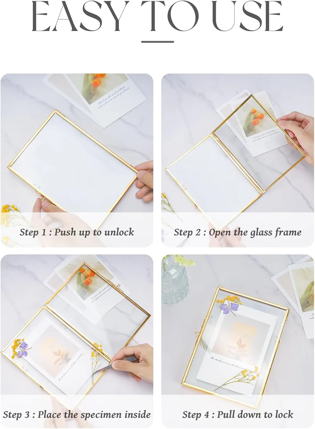Handmade Glass Pressed Flower Frame, Floating Tabletop Artwork & Photo Frame for Pressed Flowers, Brass Desk Picture Frame for Home Office Plant Specimen