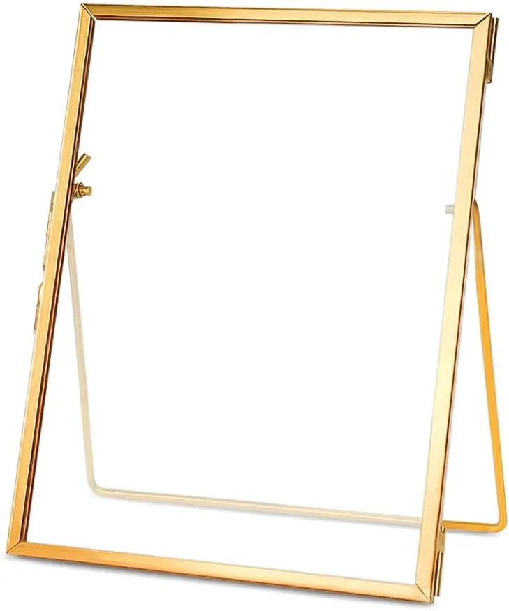 Handmade Glass Pressed Flower Frame, Floating Tabletop Artwork & Photo Frame for Pressed Flowers, Brass Desk Picture Frame for Home Office Plant Specimen
