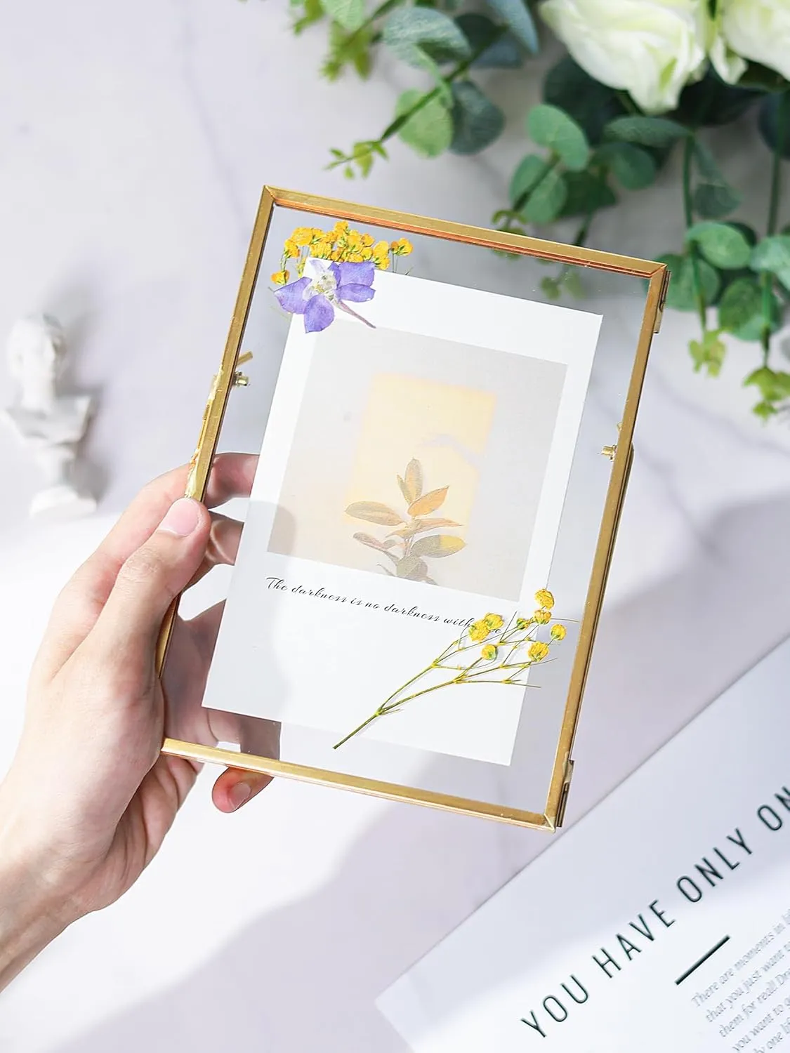 Handmade Glass Pressed Flower Frame, Floating Tabletop Artwork & Photo Frame for Pressed Flowers, Brass Desk Picture Frame for Home Office Plant Specimen